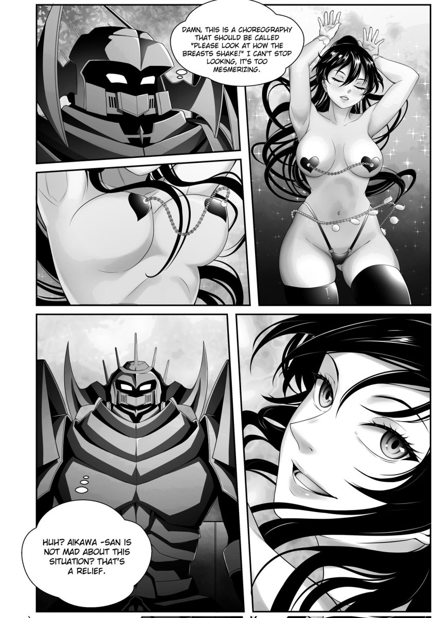 1boy aikawa_shuuko armor big_ass big_breasts black_and_white breasts_out dancing doumeguri_kakeru ecstas_online female leotard manga nipples pasties ponytail sexy_pose