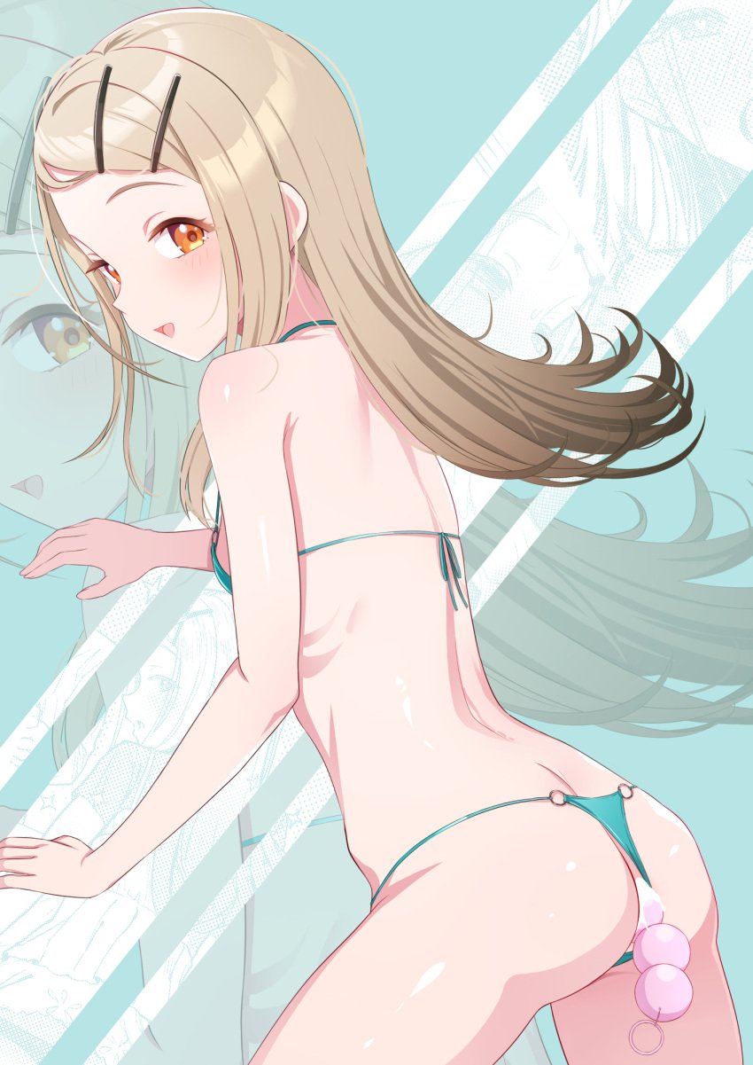 2d anal anal_beads anal_beads_in_ass anal_object_insertion ass back bare_arms bare_shoulders bikini bikini_bottom_aside blonde_hair blue_bikini blush breasts clothing_aside commentary_request cowboy_shot female from_behind from_side gakuen_idolmaster hair_ornament hairclip highres hip_bones idolmaster interstellar long_hair looking_at_viewer looking_to_the_side micro_bikini o-ring o-ring_bikini object_insertion open_mouth orange_eyes pink_anal_beads profile sex_toy shinosawa_hiro small_breasts smile solo swimsuit tareme zoom_layer