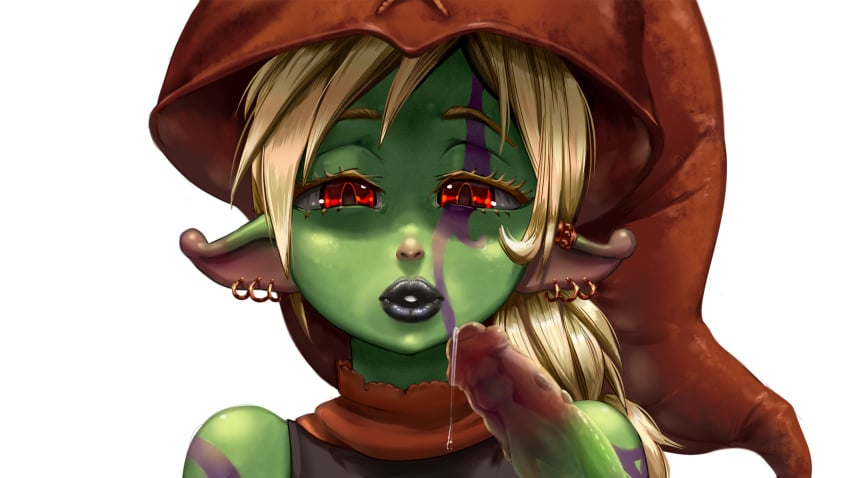 big_penis black_lips blonde_hair goblin_female goblin_futanari green_body green_penis green_skin kissing kissing lips majalis red_eyes selkie_(tales_of_androgyny) tales_of_androgyny