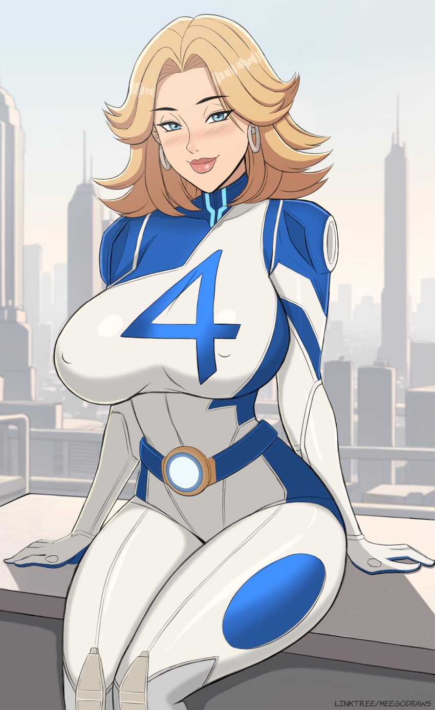 bedroom_eyes belt belt_buckle big_breasts blonde_hair blue_eyes blue_hair blush bodysuit curvy curvy_figure earrings huge_breasts invisible_woman invisible_woman_(marvel_rivals) lipstick marvel marvel_rivals meegol nipple_bulge sitting sue_storm thick_thighs voluptuous voluptuous_female wide_hips