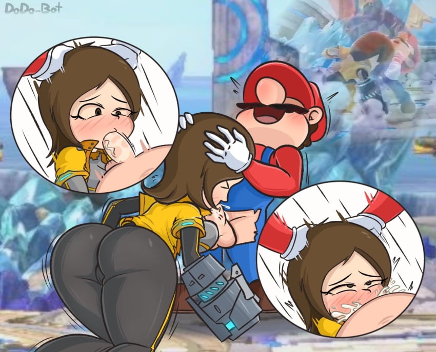 1boy 1boy1girl 1girls all_fours ass blush breasts brown_eyes brown_hair cheek_bulge clothed clothing cum cum_in_mouth cum_in_throat deepthroat dodo-bot fellatio female hand_on_head hands_on_another's_head holding_head male mario mario_(series) mii mii_gunner mii_gunner_(smash_ultimate) mob_face moustache nintendo oral penis simple_background straight super_smash_bros. super_smash_bros._ultimate testicles thick_thighs white_background