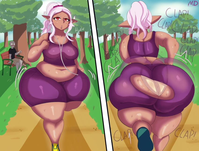 1boy 1girls ass ass_clapping big_ass bottom_heavy breasts bubble_butt chubby chubby_female clapping_cheeks dark-skinned_female dark_skin dat_ass elf-san_wa_yaserarenai elf_female exercise fat_ass female female_focus huge_ass jogging kuroeda large_ass mackdazzle massive_ass panties png shoes slightly_chubby slightly_chubby_female sweat sweaty_body thick_ass thick_thighs thunder_thighs wardrobe_malfunction watching wide_hips