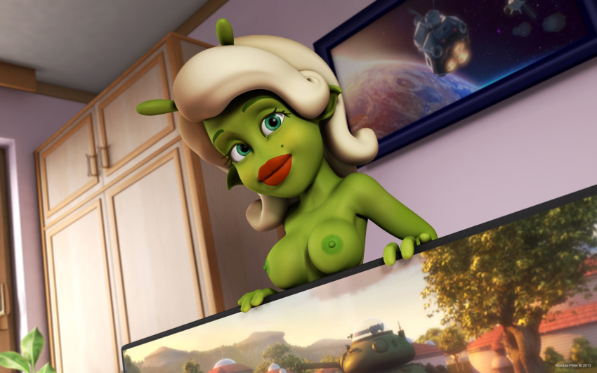 1girls 3d alien alien_girl artist_name beauty_mark big_breasts book breasts busty curvy detailed_background erect_nipple erect_nipples eyelashes female female_only front_view green_eyes green_skin holding_object humanoid indoors inside kondaspeter lipstick looking_at_viewer makeup marilyn_(planet_51) mole planet_51 pose posing red_lipstick room shadow shiny shiny_skin solo thick_lips voluptuous white_hair