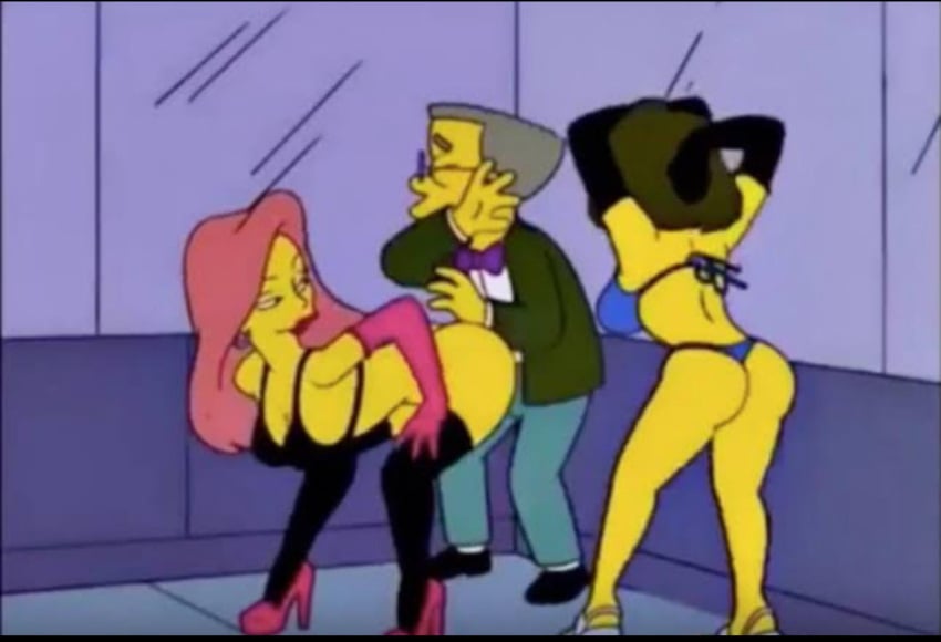 20th_century_fox 20th_century_studios 2girls ass breasts brown_hair canon_invent canonical_scene earrings female gay_male gloves grey_hair hair high_heels leggings lipstick long_hair male multiple_girls pink_hair screenshot smithers_scared_of_strippers strip_club the_simpsons thong thong_bikini twerking waylon_smithers yellow_skin