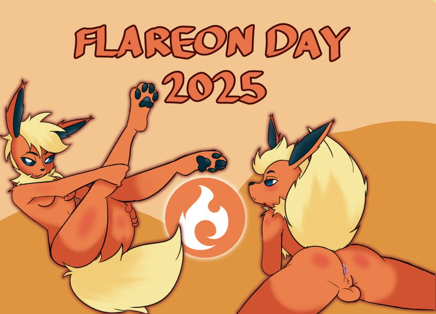 anthro anus ass backsack balls breasts cybeeyoru duo eeveelution feet female flareon flareon_day foot_focus fur generation_1_pokemon genitals hi_res holding_legs_up lying male male_focus nintendo on_front orange_body orange_fur pawpads paws pokemon pokemon_(species) rear_view sitting solo tail yellow_body yellow_fur