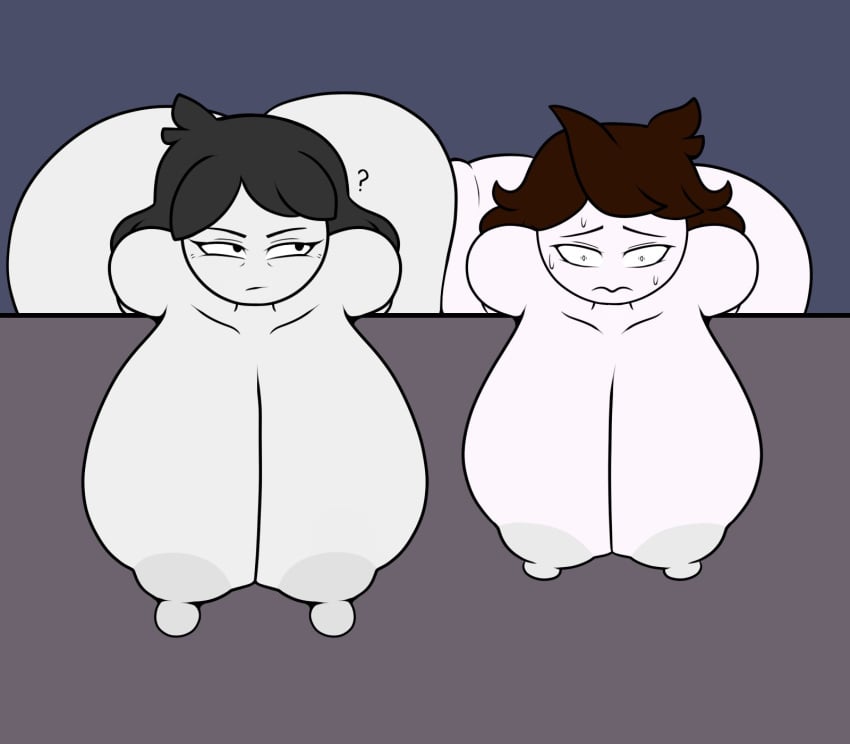 2d 2d_(artwork) 2girls ass bent_over black_eyes breasts brown_hair confused_look curvy curvy_figure duo duo_focus female female_focus female_only gray_hair hanging_breasts huge_ass huge_breasts jaiden jaiden_animations jaiden_dittfach jaidenanimations jaidens_mom massive_breasts milf mother mother_and_daughter naked naked_female nervous nude nude_female question_mark real_person scarecorrode sweat sweatdrop sweating tagme wall white_body white_skin wide_hips youtube youtuber