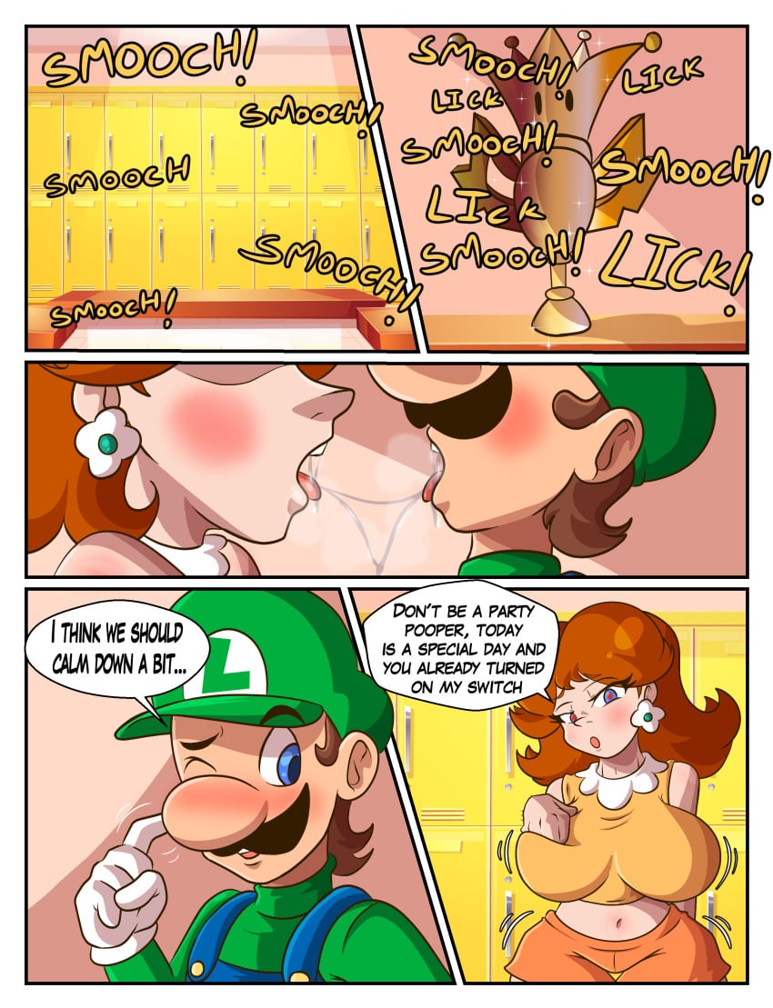 1boy1girl artlaccer_(artist) blue_eyes blush breasts brown_hair clothing comic duo english_text facial_hair female flower_earrings fully_clothed gloves green_hat green_shirt hat indoors kissing large_breasts light-skinned_female light-skinned_male light_skin luigi male mario_(series) mario_tennis nintendo open_mouth orange_shirt orange_shorts princess princess_daisy royalty saliva saliva_trail seductive text text_bubble trophy white_gloves