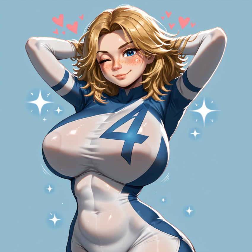 ai_assisted ai_generated allmightyeagle_(ame) arms_behind_head big_thighs blonde_female blonde_hair blonde_hair_female blue_bodysuit blue_eyes blush bodysuit cute fantastic_four freckles heart highres huge_breasts huge_thighs invisible_woman invisible_woman_(marvel_rivals) light-skinned_female light_skin looking_at_viewer marvel marvel_rivals nipples_visible_through_clothing patreon pov pov_eye_contact see-through smile smiling smiling_at_viewer sparkles standing standing_at_attention sue_storm tagme thick thick_thighs white_bodysuit wink winking_at_viewer