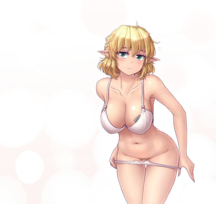 bent_over blonde_hair blonde_pubic_hair blush bra breasts cleavage collarbone condom eyebrows female green_eyes hater_(hatater) highres looking_at_viewer mizuhashi_parsee navel panties panty_pull pointy_ears pubic_hair shiny shiny_skin short_hair simple_background solo thick_eyebrows thighhighs touhou underwear underwear_only white_bra white_panties