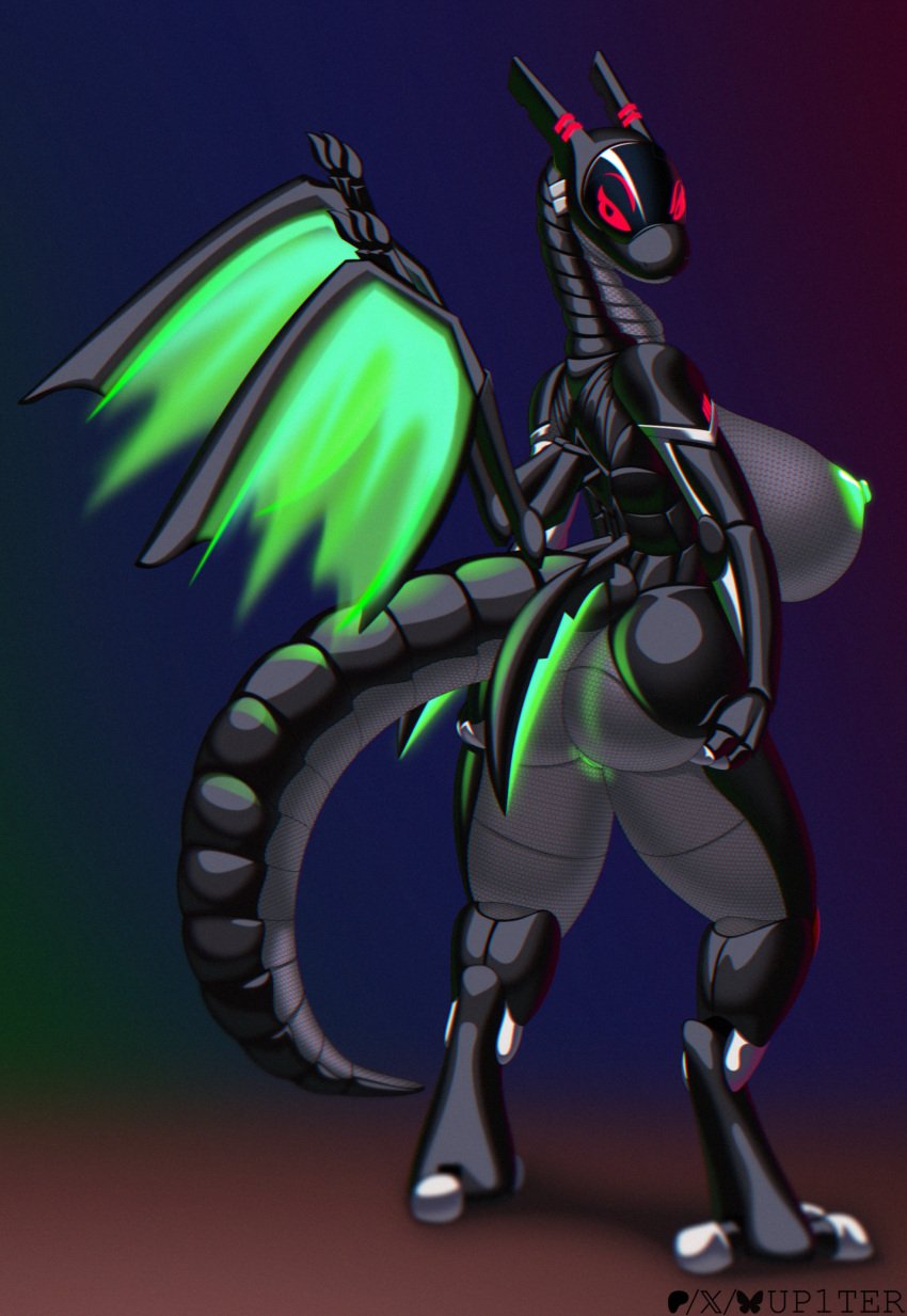 anthro big_breasts breasts dragon female genitals hi_res holding_butt looking_at_viewer mythological_creature mythological_scalie mythology pussy robot_anthro robotic_eyes scalie solo synth_(vader-san) up1ter wireless