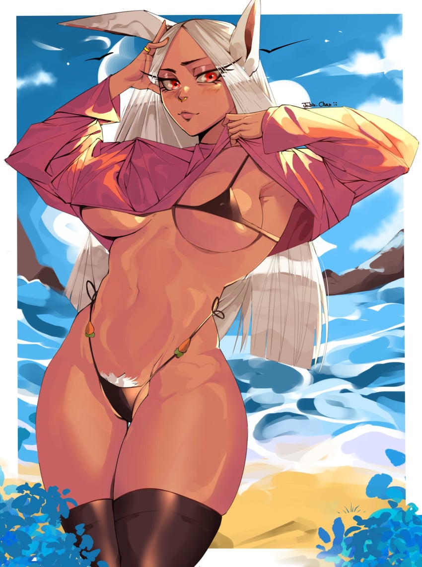 absurdres animal_ears armpits arms_up artist_name beach bikini bikini_under_clothes black_bikini black_thighhighs blush boku_no_hero_academia border breasts carrot_pin clothes_lift covered_nipples crop_top cropped_shirt dark-skinned_female dark_skin female hand_on_own_head highleg highleg_bikini highres jobin_chan large_breasts lifting_own_clothes long_eyelashes long_hair looking_at_viewer micro_bikini miruko navel nose_piercing nose_ring parted_bangs piercing pubic_hair pubic_hair_peek rabbit_ears rabbit_girl red_eyes red_shirt rumi_usagiyama shirt shirt_lift side-tie_bikini_bottom solo stomach swimsuit thick_thighs thighhighs thighs toned toned_female underboob white_border white_hair white_pubic_hair