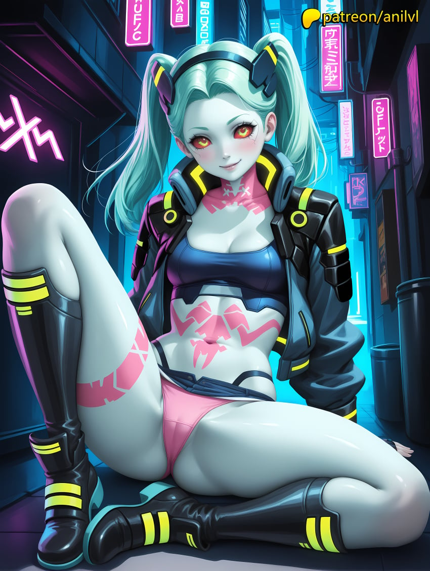 1girls 2024 ai ai_assisted ai_generated anilvl anime anime_girl anime_style artist_name average_breasts blue_skin blush boots breast breasts breasts breasts bust chest collarbone colored_skin cyberpunk:_edgerunners female hi_res high_quality high_resolution highres jacket knee_boots legs_apart legs_spread long_hair looking_at_viewer medium_breasts navel open_clothes open_legs panties patreon patreon_username pink_panties rebecca_(edgerunners) sitting smile solo splayed_legs spread_legs stable_diffusion tattoo twintails underwear watermark