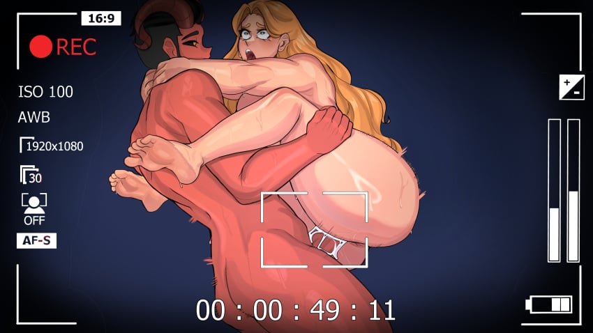 1boy 1girls battery_indicator black_hair black_sclera blonde_hair camera camera_hud camera_view carrying carrying_partner completely_nude cum cum_in_pussy cum_inside curved_horns demon demon_horns female heart-shaped_pupils horns light-skinned_female light_skin long_hair male nude open_mouth penetration penis penis_in_pussy pussy recording sex sieroo stand_and_carry_position standing standing_sex straight suspended_congress upper_teeth vagina vaginal_penetration vaginal_sex yellow_eyes