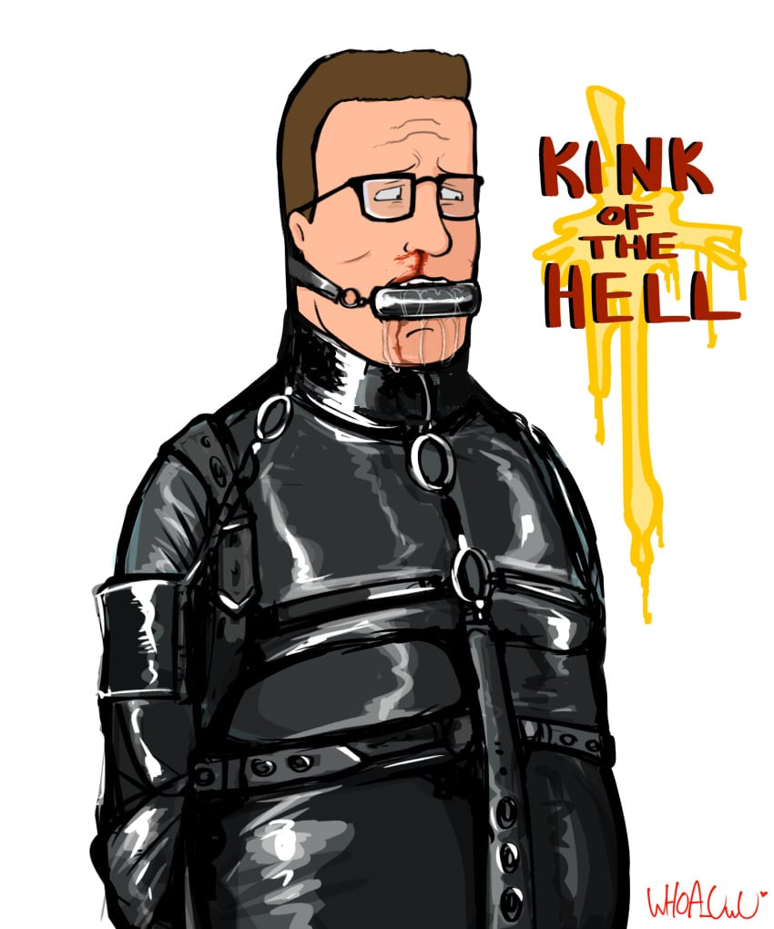 1boy bdsm_outfit bondage drooling gag gagged glasses hank_hill king_of_the_hill male male_only middle_aged_male no_visible_genitalia nosebleed older_male simple_background tagme white_background whoa_uwu