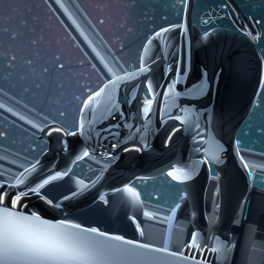 3d athletic_female galaxy robot robot_girl skelexx skxx_elliot stretching valkyr_(warframe) warframe