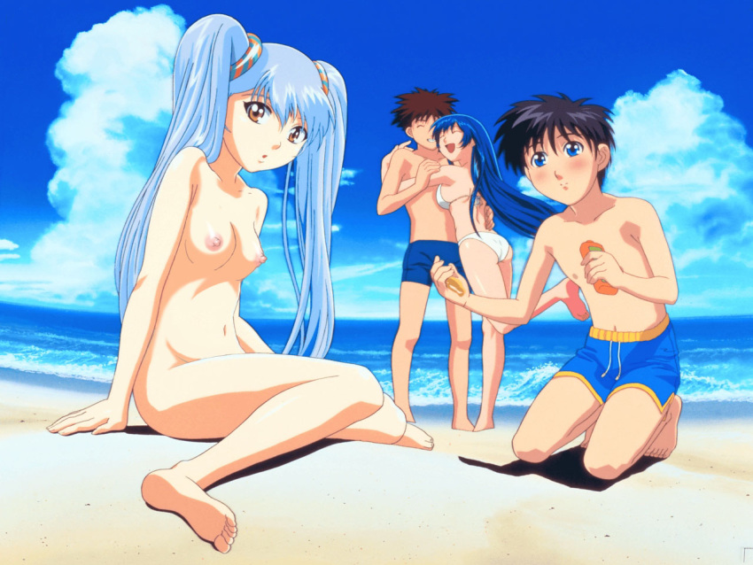 2boys 2girls akito_tenkawa barefoot beach bikini black_hair blue_eyes blue_hair blush breasts brown_eyes brown_hair clothed_male_nude_female cmnf feet female grin hug human kneeling large_breasts laughing long_hair lotion martian_successor_nadesico multiple_boys multiple_girls navel nipples nude nude_filter ocean pale-skinned_female pale_skin photoshop ruri_hoshino sea sitting smile standing suntan_lotion swimsuit yurika_misumaru zenra