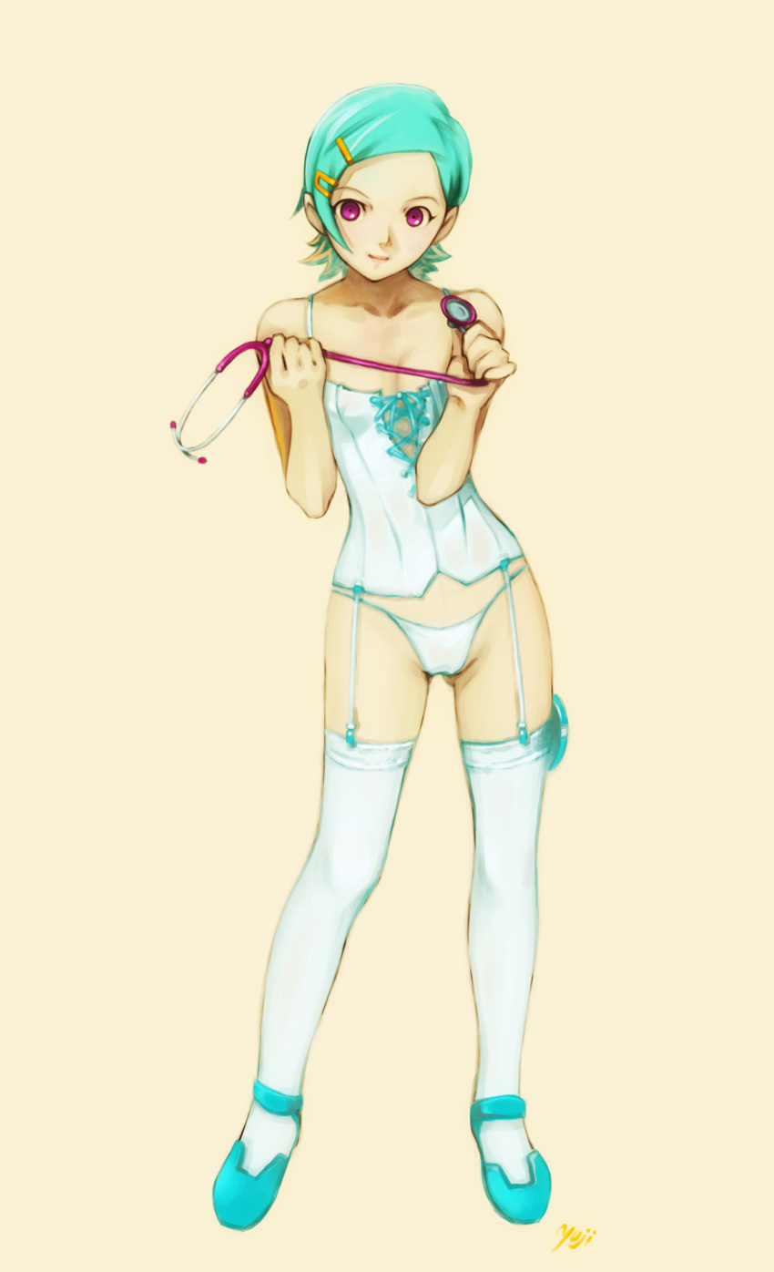 blue_hair blue_panties bustier eureka eureka_7 eureka_seven eureka_seven_(series) hair_ornament hairclip highres kobayashi_yuji kobayashi_yuuji lingerie looking_at_viewer mary_janes panties purple_eyes shoes short_hair socks solo standing stethoscope thigh_socks thighhighs underwear white_socks