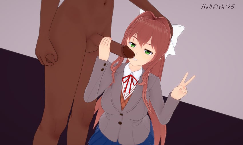 1boy 1girls 3d bow brown_hair dark-skinned_male dark_skin doki_doki_literature_club erection green_eyes hand_on_another's_head handjob hellfish imminent_fellatio interracial kneeling koikatsu looking_at_viewer monika_(doki_doki_literature_club) nude_male_clothed_female peace_sign penis precum school_uniform simple_background skirt smile