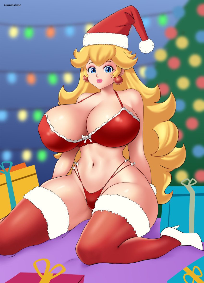 1girls big_breasts blonde_hair blue_eyes bra breasts christmas christmas_lights christmas_present christmas_tree cleavage ear_piercing female female_only gummslime hat high_heels huge_breasts human indoors large_breasts legwear light-skinned_female light_skin lipstick long_hair mario_(series) mature mature_female nintendo panties pink_lipstick presents princess princess_peach red_bra red_hat red_legwear red_panties royalty santa_hat solo solo_female solo_focus tree voluptuous voluptuous_female white_high_heels