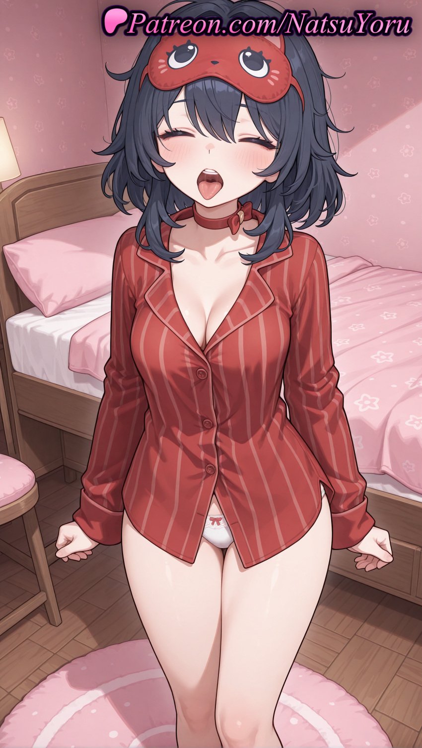 1girls ai_generated anime_style arms_at_sides asian bangs bed bedroom black_hair blush bow bow_panties breasts bust busty chair choker cleavage closed_eyes clothing collarbone collared_shirt east_asian facing_viewer feet_out_of_frame female female_focus female_only hair_between_eyes hi_res high_quality high_resolution highres indoors lamp large_breasts long_sleeves mask mask_on_head medium_breasts medium_hair messy_hair miside mita_(miside) natsuyoru no_pants on_bed open_mouth pajamas panties pantsu patreon pillow red_choker red_shirt shirt short_hair sleep_mask sleepy_mita_(miside) solo solo_female standing striped striped_clothes striped_shirt teeth thigh_gap thighs tongue tongue_out underwear upper_teeth_only vertical-striped_shirt vertical_stripes voluptuous voluptuous_female white_panties wooden_floor