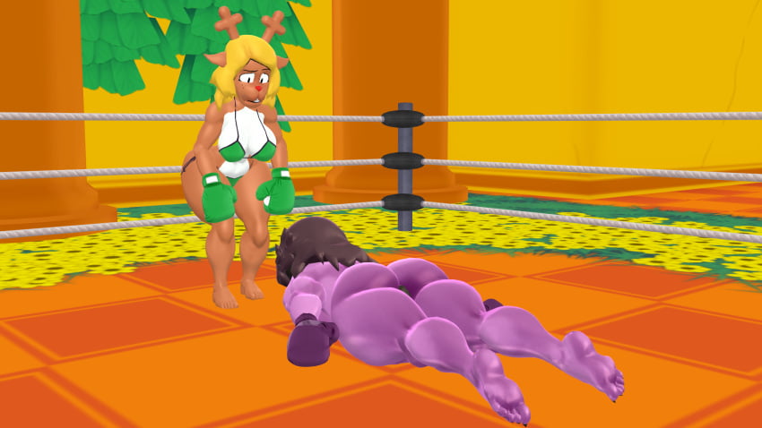 2girls 3d 3d_(artwork) big_breasts bikini boxing_gloves boxing_ring breasts camper222 curvaceous curvy curvy_body curvy_figure defeat defeated deltarune duo duo_female duo_focus face_down faint fainted female fight fighting fighting_ring jobber kabalmystic knocked_out lying lying_down lying_on_stomach mmd noelle_(deltarune) on_front on_stomach ryona susie_(deltarune) tagme thick_thighs thighhighs thighs unconscious unconscious_female undertale undertale_(series)