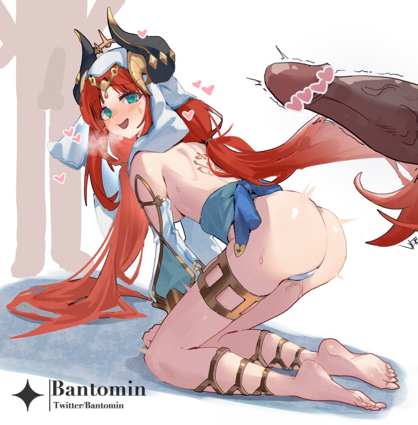 1girls 2boys artist_name ass back_tattoo bantomin barefoot bent_over blue_panties blush breasts censored clothed_female_nude_male detached_sleeves fake_horns female genshin_impact heart heart_censor highres horns jewelry kneeling leglet long_hair looking_back low_twintails male male/female medium_breasts multiple_boys nilou_(genshin_impact) no_pants nude open_mouth out_of_frame panties penis red_hair smile solo_focus straight sweat tattoo thighlet topless twintails underwear veil very_long_hair white_sleeves white_veil