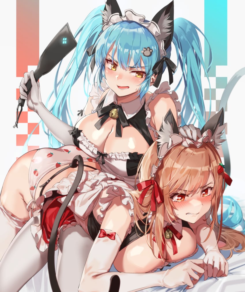 2girls alternate_version_at_source alternate_version_available angry ass ass_focus ass_up bed bedroom bell big_ass big_breasts blue_hair blush blushing_at_partner breast_focus breast_press breast_squeeze breasts breasts_out brown_eyes brown_hair cat_ears cat_tail catgirl clapping_cheeks cleavage clenched_teeth clothed clothing continuation cosplay defeated defeated_heroine dominant dominant_female domination female female_only femdom femsub fist forced gloves goddess_of_victory:_nikke grabbing_sheets hand_on_head highres holding_head holding_object humiliation light_blue_hair light_brown_hair light_skin long_hair looking_at_another looking_at_partner looking_down lying lying_on_bed maid maid_headdress maid_uniform michairu on_bed on_lap over_the_knee_spanking paddle panties privaty_(nikke) privaty_(unkind_maid)_(nikke) punishment rapi_(nikke) red_brown_hair red_eyes revenge ribbon rivalry rivals role_reversal sheet_grab slap slap_mark spanking strawberry_panties struggling sweat sweatdrop teasing thick_thighs thighhighs thighs turning_the_tables twintails underwear weapon white_background white_gloves white_legwear white_thighhighs wide_hips yellow_eyes yuri