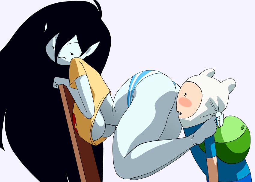 1boy 1girl 1girls adventure_time ass ass_focus astonished black_hair cartoon_network coolerinker fangs feet finn_the_human floating green_skin inker_comics inkershike looking_back marceline panties striped_panties toes underboob vampire vampire_girl yellow_shirt