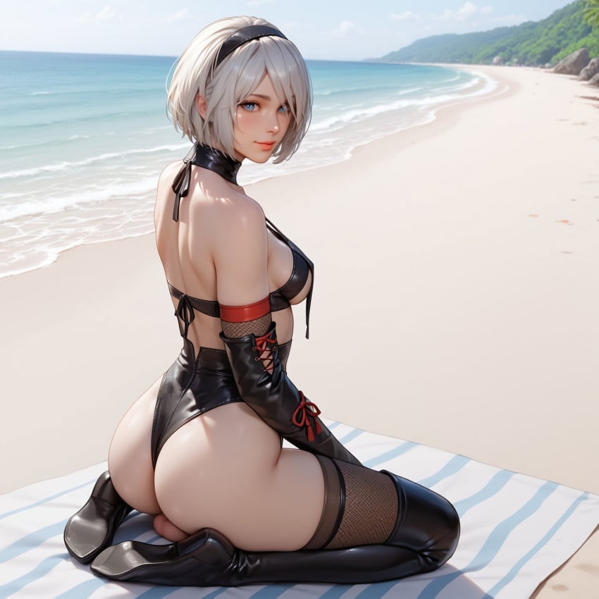 ai_generated beach beach_towel blindparty civitai futa_only futanari nier nier:_automata tagme white_hair yorha_2b