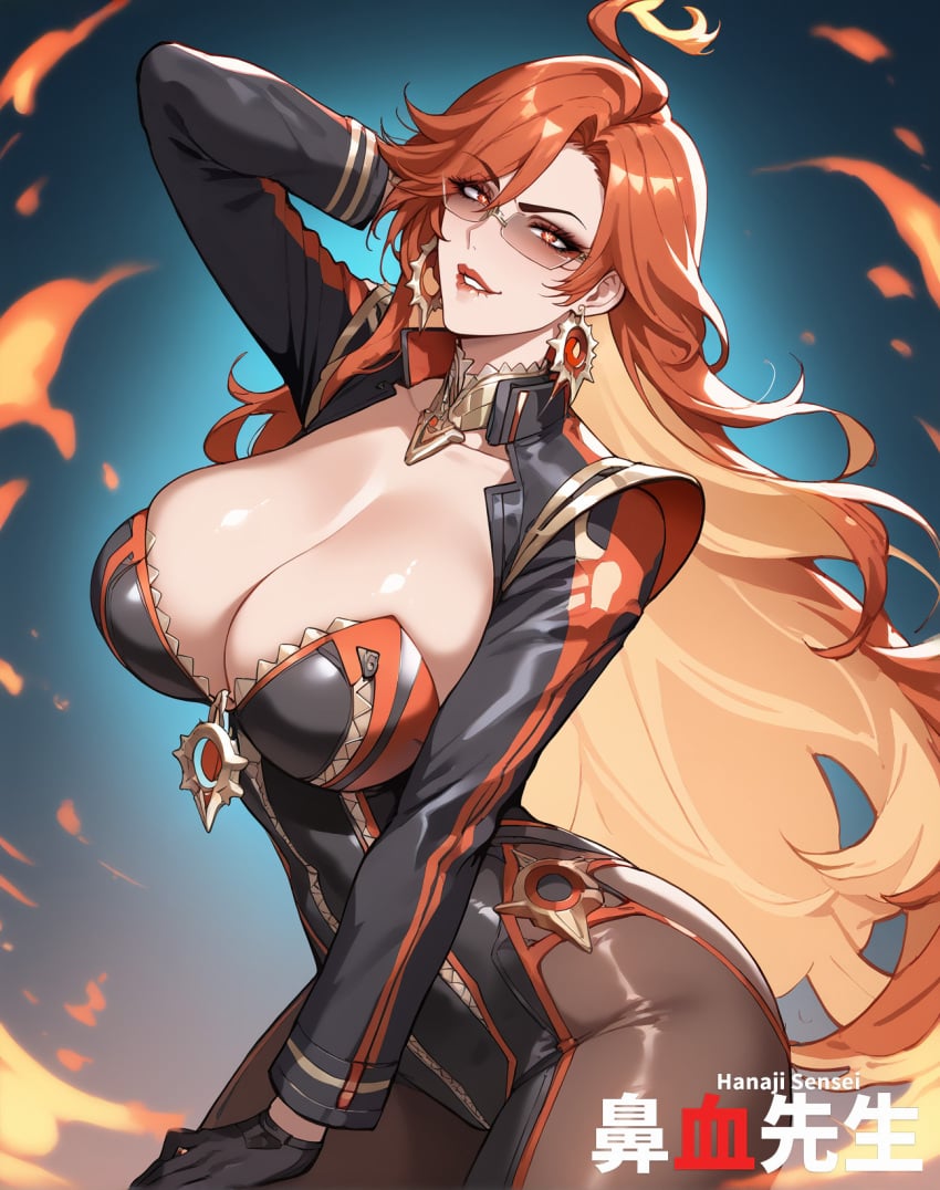 1girls ahoge ai_generated ass bodysuit breasts cleavage genshin_impact hanajisensei huge_ass huge_breasts jewelry mature mature_female mavuika_(genshin_impact) milf red_eyes red_hair red_lipstick thick_thighs tinted_eyewear 鼻血先生