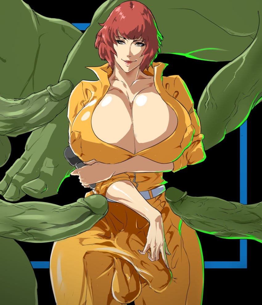 april_o'neil april_o'neil_(tmnt_1987) brown_hair female futanari green_skin highres huge_breasts penis teenage_mutant_ninja_turtles tenchizone uncensored