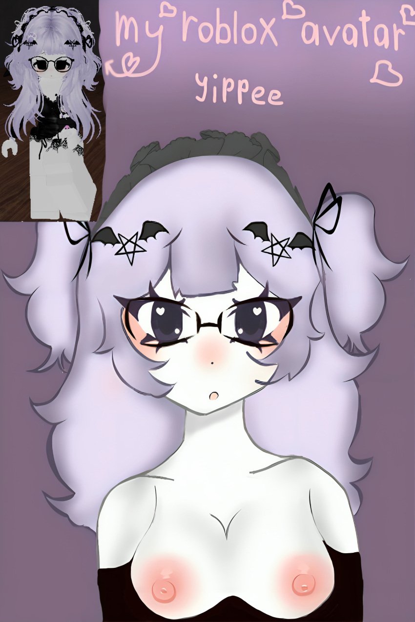 1girls ayumiex black_eyes boobs_out breasts cute glasses hair_clips headband lavender_hair looking_at_viewer maid_headdress pink_nipples reference_image roblox roblox_avatar robloxian self_upload small_breasts white_skin