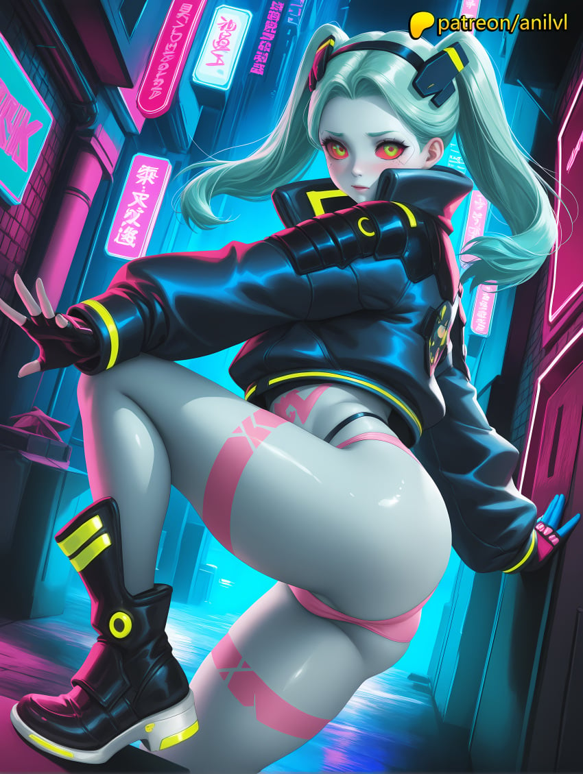 1girls 2024 ai ai_assisted ai_generated anilvl anime anime_girl anime_style artist_name ass ass big_ass big_butt black_gloves booty bubble_ass bubble_butt buttocks curvy_ass curvy_butt cute_ass cyberpunk cyberpunk:_edgerunners english_text female fingerless_gloves firm_ass gloves hi_res high_quality high_resolution highres jacket juicy_ass juicy_butt large_ass long_hair looking_at_viewer multicolored_hair neon_lights open_clothes open_jacket patreon patreon_username perfect_ass pink_eyes plump_ass rebecca_(edgerunners) round_ass sexy_ass smile solo stable_diffusion thong tight_ass twintails voluptuous_ass watermark