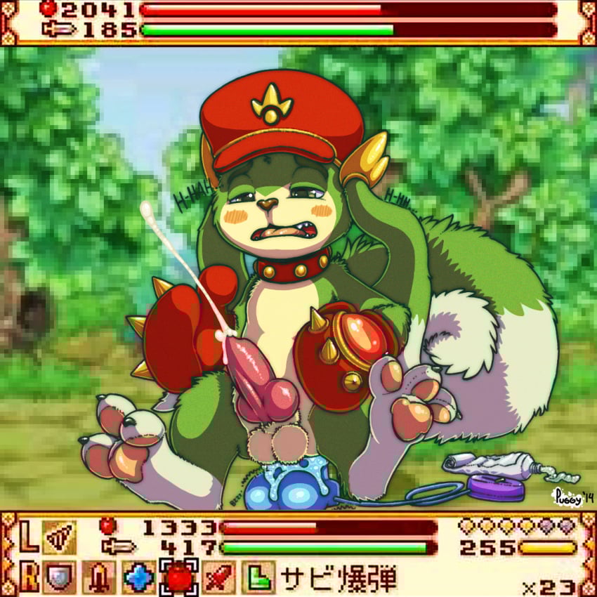 2014 3_toes anal anal_masturbation animal_genitalia animal_penis anthro balls bandai_namco blue_dildo blush bodily_fluids boxing_gloves canine_genitalia canine_penis claws clothing collar cum cum_while_penetrated dildo dildo_sitting embarrassed english_description feet fur genital_fluids genitals gloves green_body green_eyes green_fur handwear hybrid japanese_text knot kutty_(summon_night) lagomorph leporid lube male mammal masturbation open_mouth outside penetration penis plant puggy rabbit red_clothing red_collar red_gloves red_handwear rodent sciurid sex_toy signature sky solo spiked_gloves spikes summon_night tail tan_body tan_fur teeth text toes tongue tree tree_squirrel