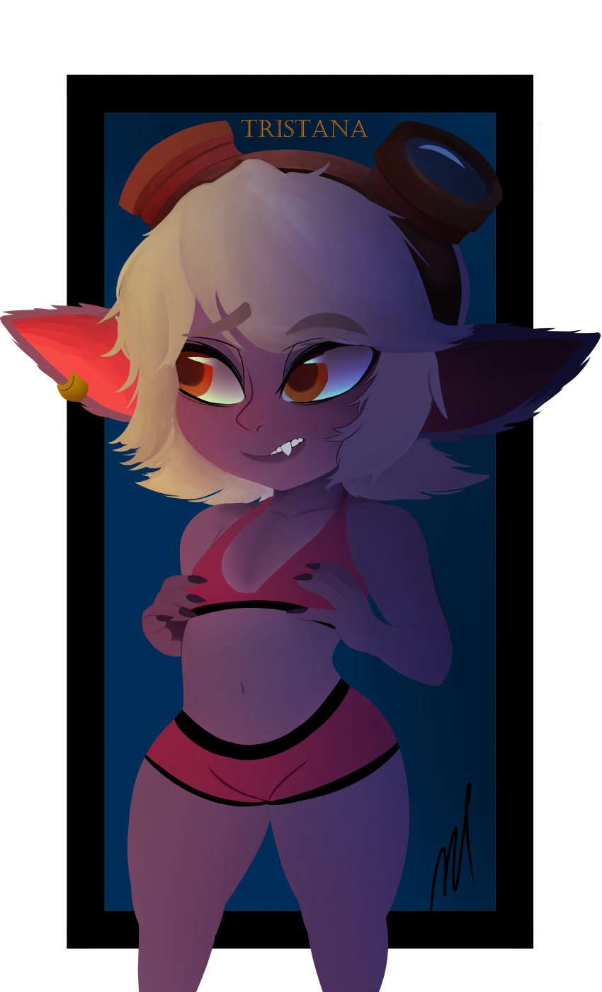 fangs league_of_legends long_ears mayauprising purple_skin shortstack swimsuit tristana white_hair wide_hips yellow_eyes yordle