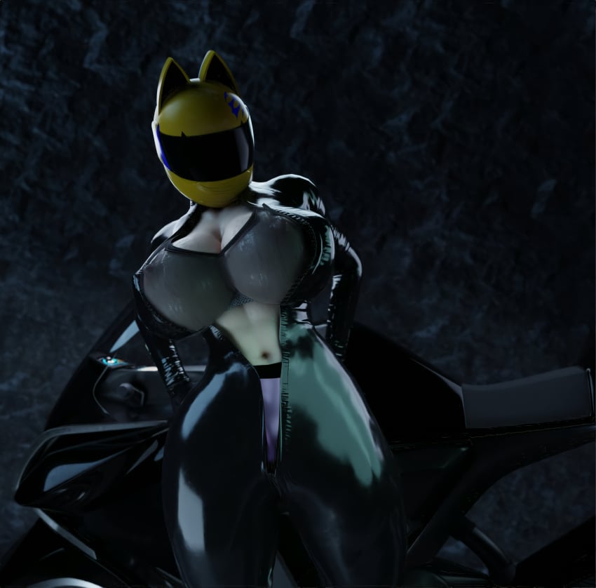 3d bodysuit breasts cat_ear_helmet cat_ears catsuit celty_sturluson durarara!! dustyboyo helmet huge_breasts latex mesh_top motorcycle_helmet nipples open_bodysuit open_clothes skin_tight tagme tight_clothes tight_clothing unzipped unzipped_bodysuit