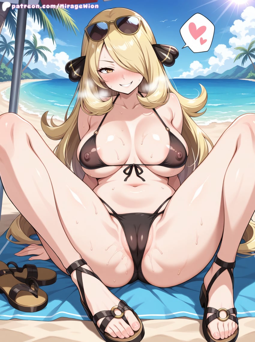 ai_generated anus beach beach_towel blonde_hair cynthia_(pokemon) feet game_freak hair_ornament hair_over_one_eye looking_at_viewer mirageart nipples palm_tree pokemon pokemon_bw pussy sandals sandals_removed soles spread_legs sunglasses toenails toes