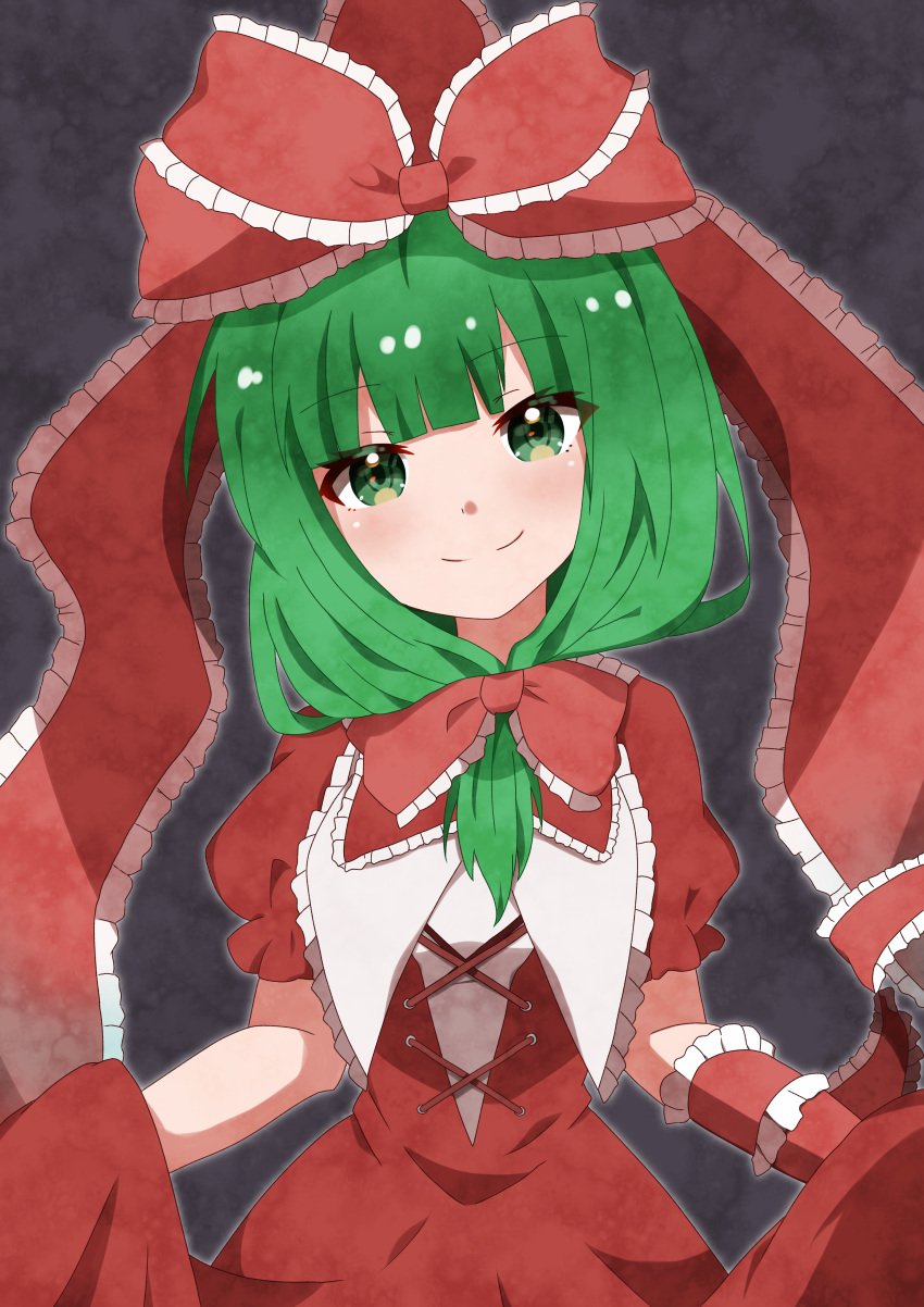 absurdres arm_ribbon blunt_bangs bow dress female frilled_bow frilled_ribbon frills front_ponytail green_eyes green_hair hair_ribbon hairbow highres kagiyama_hina lifting_own_clothes long_ribbon looking_at_viewer puffy_short_sleeves puffy_sleeves red_bow red_dress red_ribbon ribbon short_sleeves smile solo suzuki_niboshi touhou upper_body