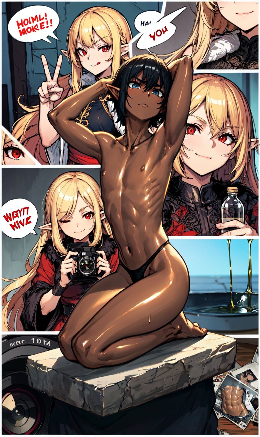 4chan ai_generated camera cfnm clothed_female_nude_male comic cross dark-skinned_male elf elf_ears elf_female elf_male femdom male_focus text white_skinned_female