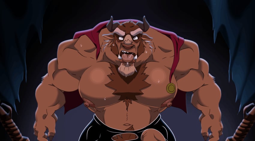 1boy 2d 2d_animation abs animated bara_tits barazoku beast_(disney) beauty_and_the_beast biceps big_penis brown_body bulge clothing disney gay male male_nipples male_only maloba manly muscular_male nipples pecs penis precum precum_drip solo sweat sweating