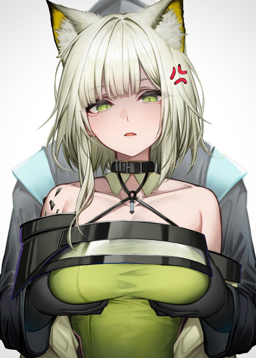 1boy 1girls angry angry_face animal_ears arknights cat_ears catgirl choker doctor_(arknights) dress female female_focus green_eyes green_hair groping groping_breasts groping_from_behind kal'tsit_(arknights) large_breasts light-skinned_female light_green_hair light_skin male_doctor_(arknights) open_shoulders oripathy_lesion_(arknights) short_hair squinted_eyes tab_head tagme