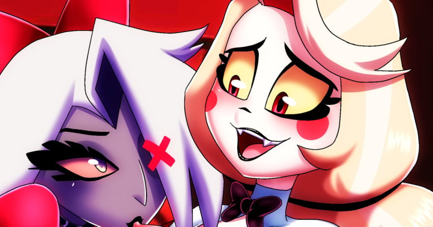 2girls bbmbbf charlie_morningstar_(hazbin_hotel) cropped cropped_image female_only hazbin_hotel licking_nipples not_full_image palcomix vaggie_(hazbin_hotel)