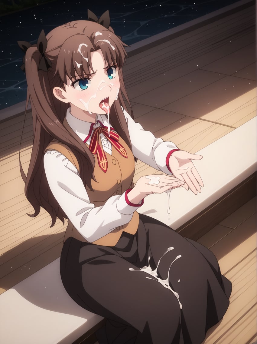 ai_generated blue_eyes brown_hair cum cum_on_chest cum_on_dress cum_on_face cum_on_legs fate/apocrypha fate/hollow_ataraxia fate/kaleid_liner_prisma_illya fate_(series) school_uniform schoolgirl storb tohsaka_rin tongue_out twintails