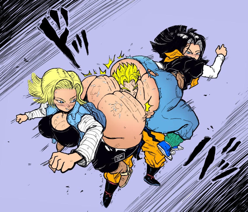 1girls 2boys android_17 android_18 ass ass_to_ass big_ass big_ass_(male) big_butt black_hair blonde_hair blonde_hair_female blue_pants color color_edit colored dragon_ball dragon_ball_z green_eyes hip_attack kojoarts long_hair short_hair son_gohan