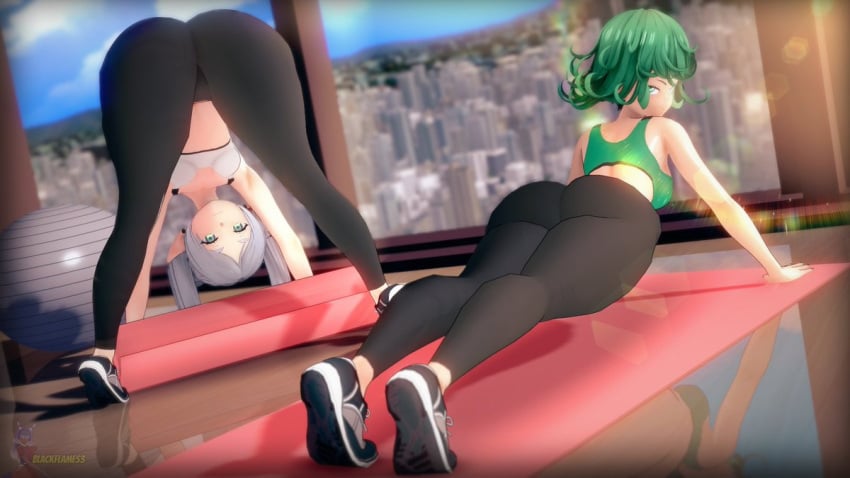 2girls ass blackflames3 clothing crossover elf elf_ears elf_female female female_only frieren green_eyes green_hair gym leggings multiple_girls one-punch_man sousou_no_frieren tatsumaki thick_thighs thighs white_hair