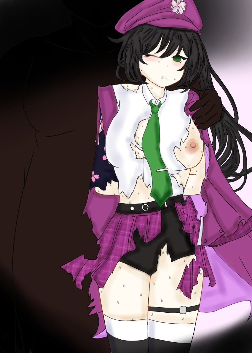 1boy 1boy1girl 1girls black_hair blush cherry_blossom christy(lhms) cloak dark_skin glove green_eyes green_tie hat jaki lhms2 neriki shorts skirt stockings sweat torn_clothes