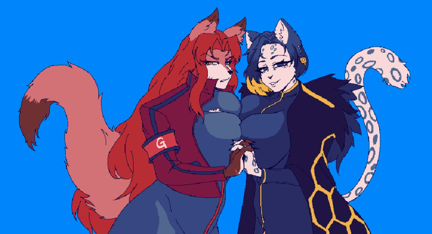 2girls alternate_breast_size animated anthro big_breasts binah black_hair fox_ears furry furry_female gebura_(lobotomy_corporation) lobotomy_corporation pixel_animation pixel_art project_moon red_hair scar_on_face tail two_tone_hair yellow_hair zolotokos