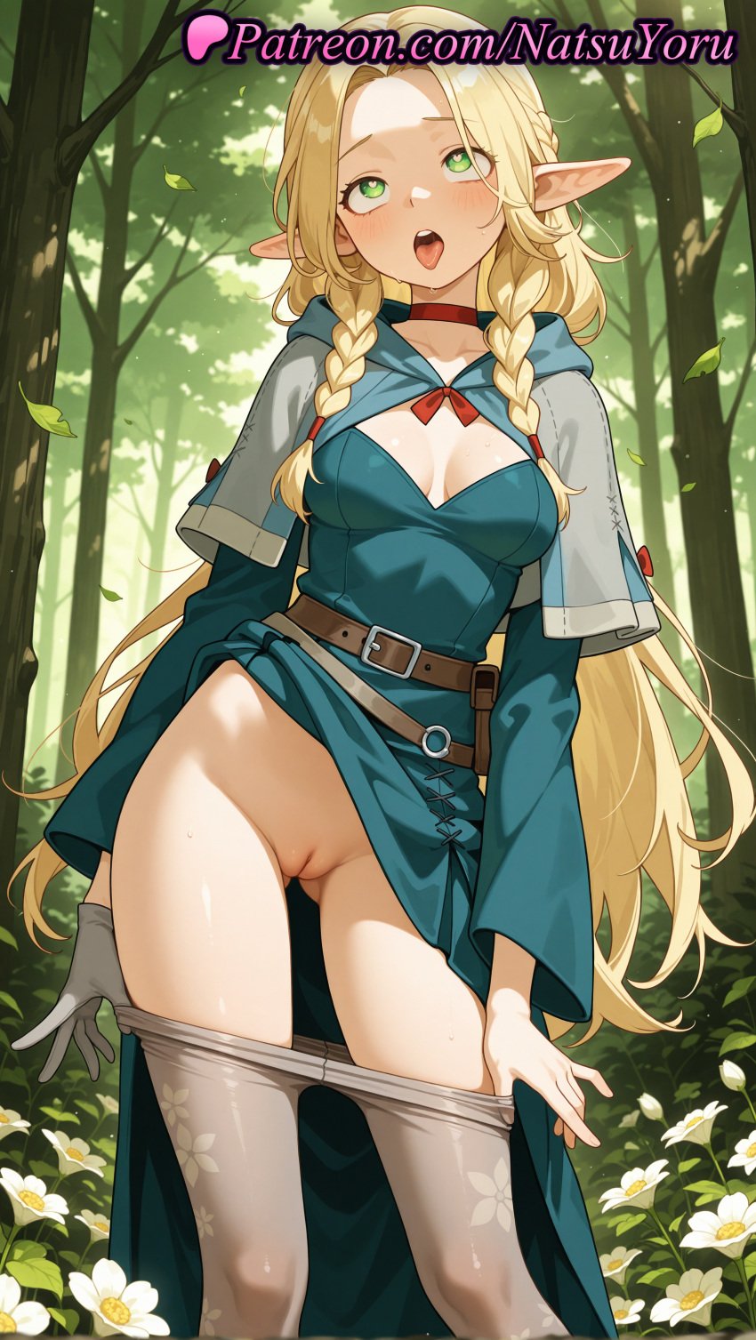 1girls ai_generated anime anime_style ass_visible_through_thighs belt belt_pouch blonde_hair blush braid breasts brown_belt bust busty capelet choker cleavage cleft_of_venus clothes_lift clothes_pull day delicious_in_dungeon dress dress_lift dungeon_meshi elf elf_ears female female_focus female_only flower forest gloves green_eyes heart heart-shaped_pupils hi_res high_quality high_resolution highres hood hood_down hooded_capelet leaf long_hair long_sleeves looking_at_viewer loose_belt marcille_donato medium_breasts natsuyoru nature no_panties open_mouth outdoors pantyhose pantyhose_pull parted_bangs patreon pointed_ears pointy_ears pouch pulled_by_self pussy red_choker small_breasts solo solo_female standing sweat symbol-shaped_pupils teeth tongue tongue_out tree twin_braids uncensored vagina very_long_hair voluptuous voluptuous_female white_flower