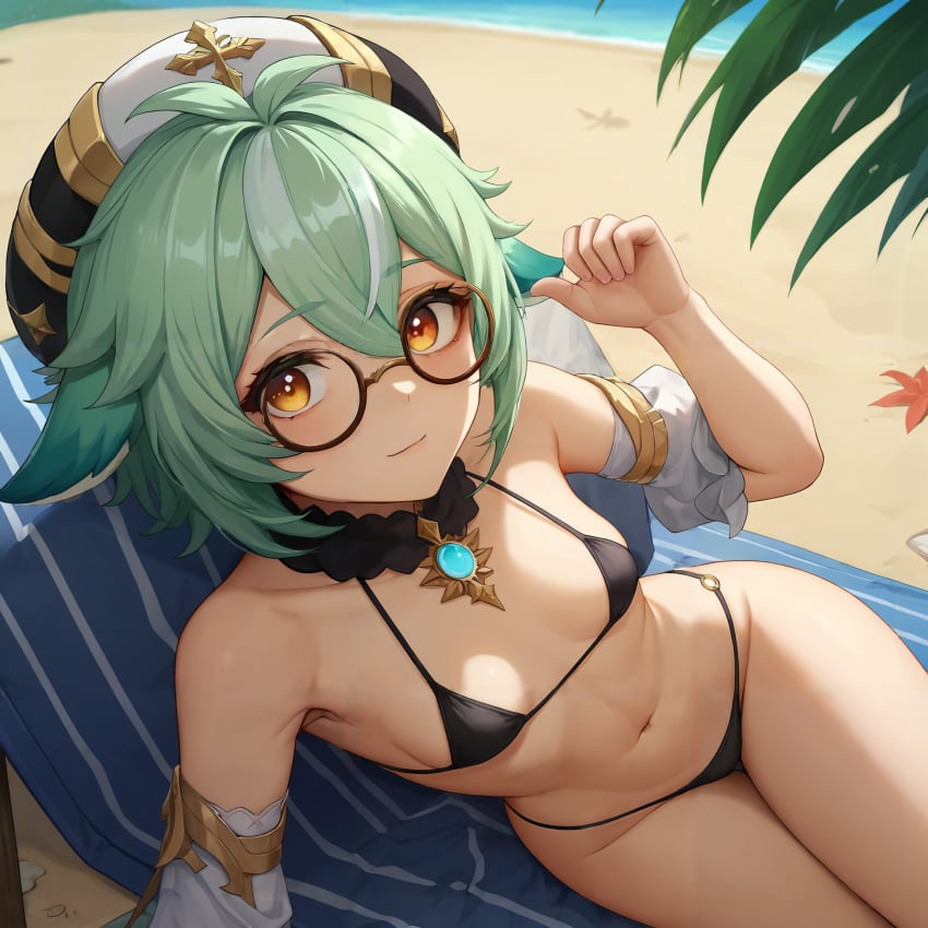 ai ai_generated animal_ears beach beach_towel bikini genshin_impact green_hair hat kemonomimi necklace round_eyewear small_breasts sucrose_(genshin_impact)