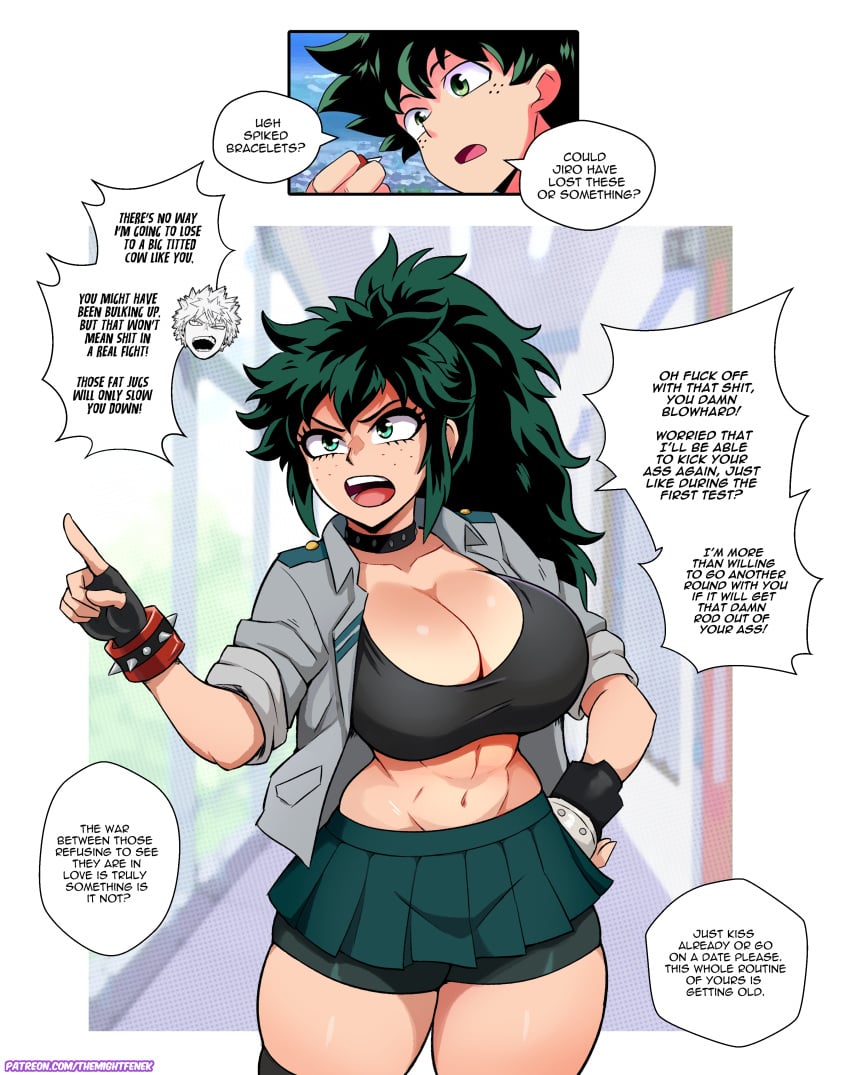 1girls abs ass_expansion bakugou_katsuki before_and_after bickering breast_expansion busty cleavage dialogue english_text female female_deku fingerless_gloves gender_transformation genderswap_(mtf) izuku_midoriya katsuki_bakugou large_breasts male/female midoriya_izuku miniskirt my_hero_academia rivalry rivals rule_63 short_skirt speech_bubble sports_bra themightfenek thick_thighs tomboy transformation tsundere wide_hips